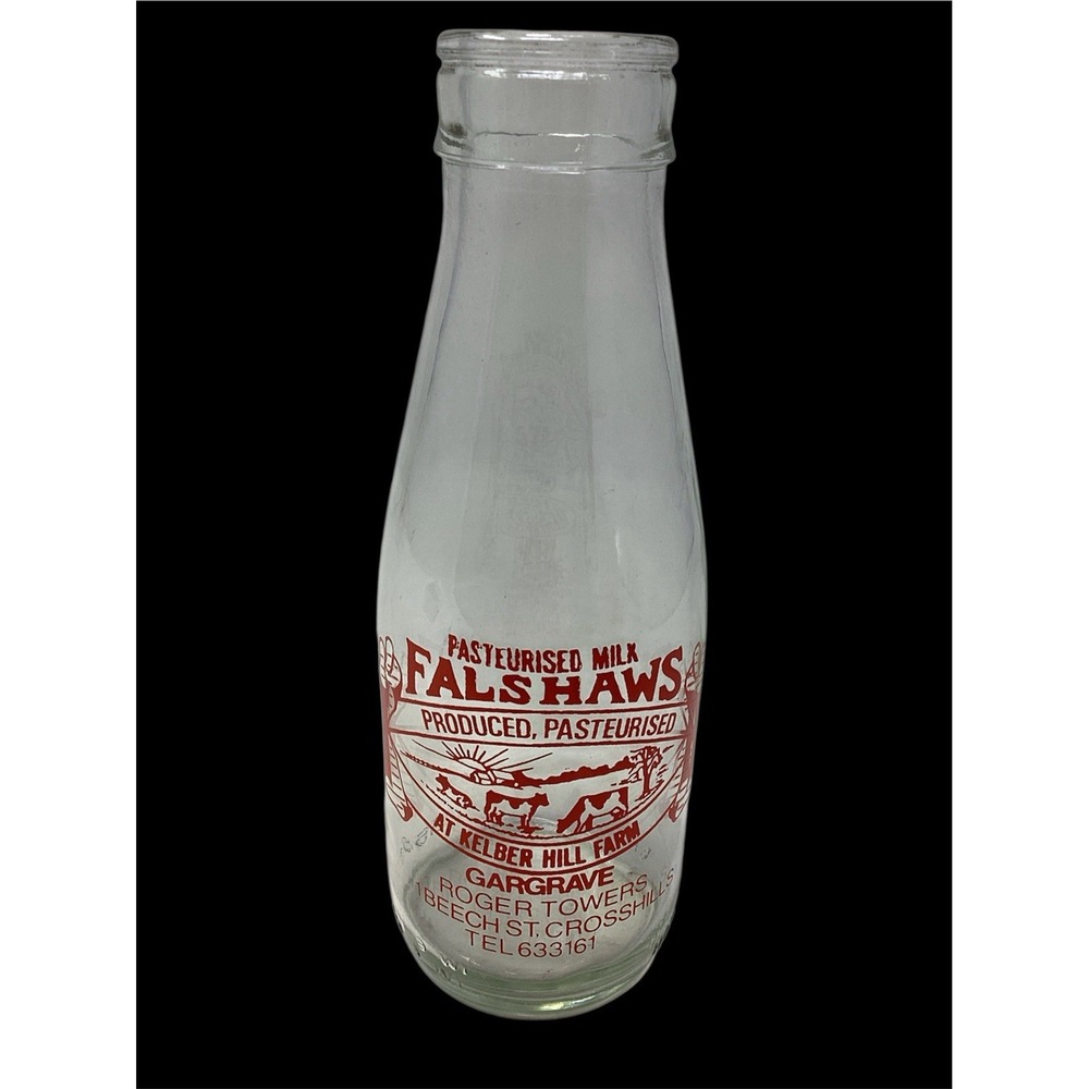 Vtg 9" Dairy Glass Milk Bottle Falshaws Kelber Hill Farm Gargrave England